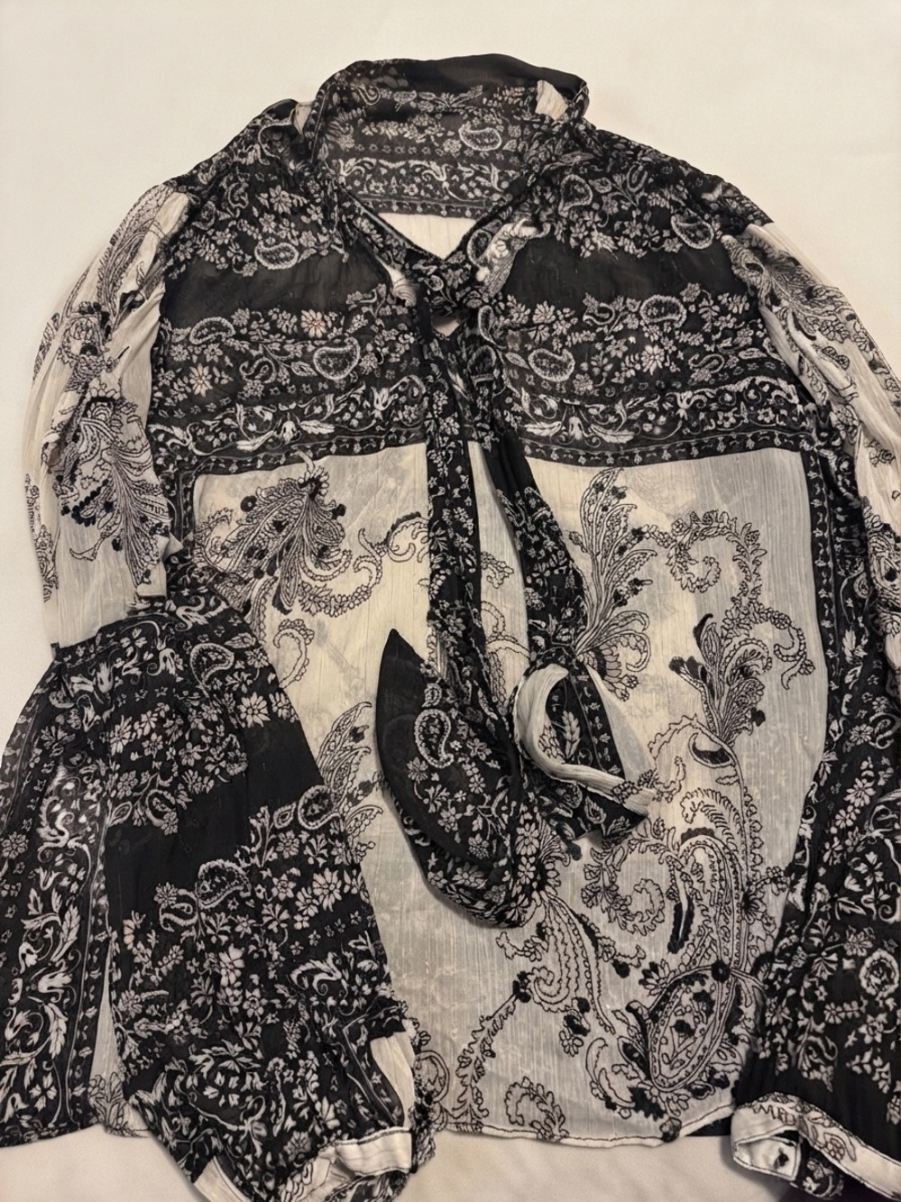 Mango Black and White Paisley Tie-Neck Blouse